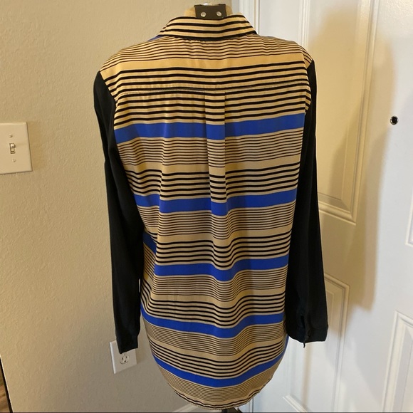 Sea NY Blue, Tan, Black Striped Silk Button Up Long Sleeve Top Shirt Blouse - Picture 4 of 10